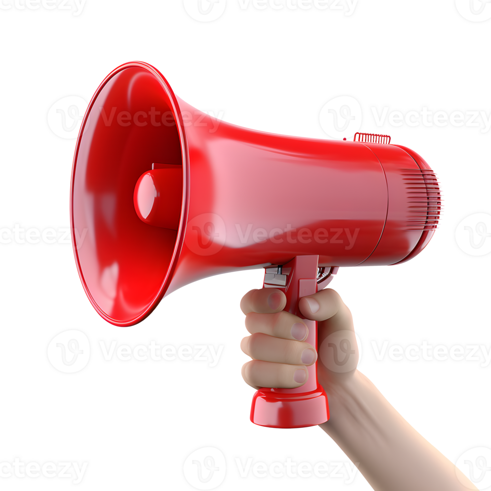 3d red loud speaker in hand isolated on transparent background png