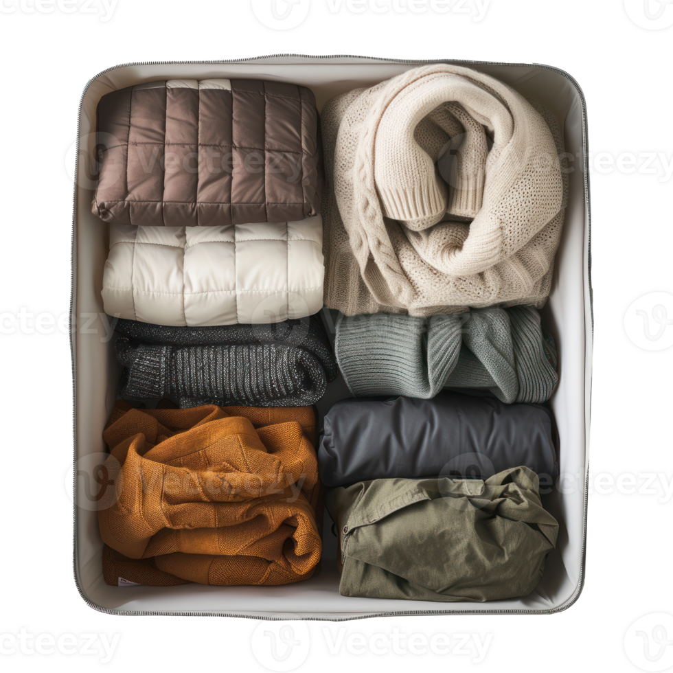 a box with clothes and other items in it on transparent background png