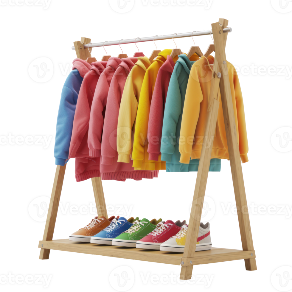 a wooden clothes rack with colorful clothes on transparent background png