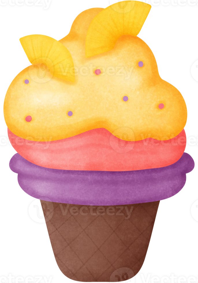 Illustration of Strawberry ice cream cone mixed with pineapple hand drawn watercolor style png