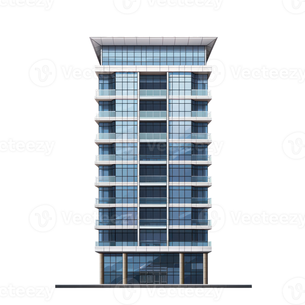 modern high rise building with glass windows and balconies on transparent background png