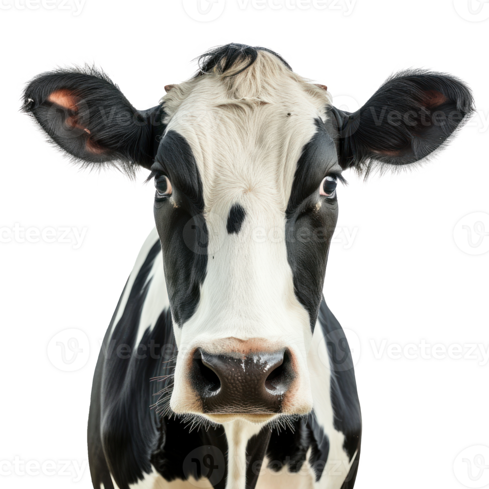 a cow with black and white spots on its face on transparent background png