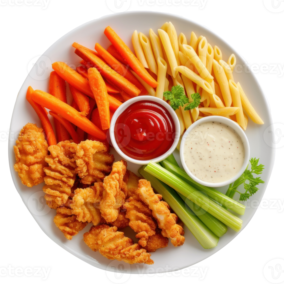 chicken nuggets, carrots, celery and dip on a plate png