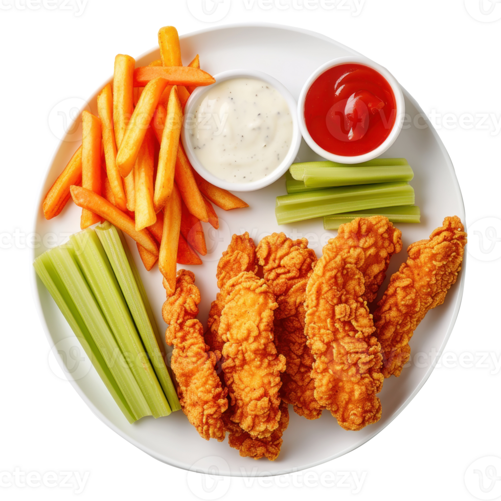 chicken nuggets and celery with dip on a plate png