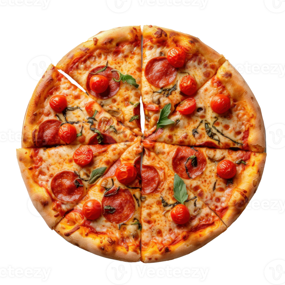 a pizza with pepperoni and tomatoes on a transparent background png