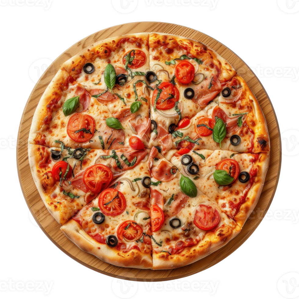 pizza with tomatoes, olives and black olives on a wooden plate png