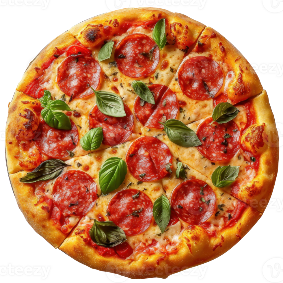 a pizza with pepperoni and basil leaves on it png