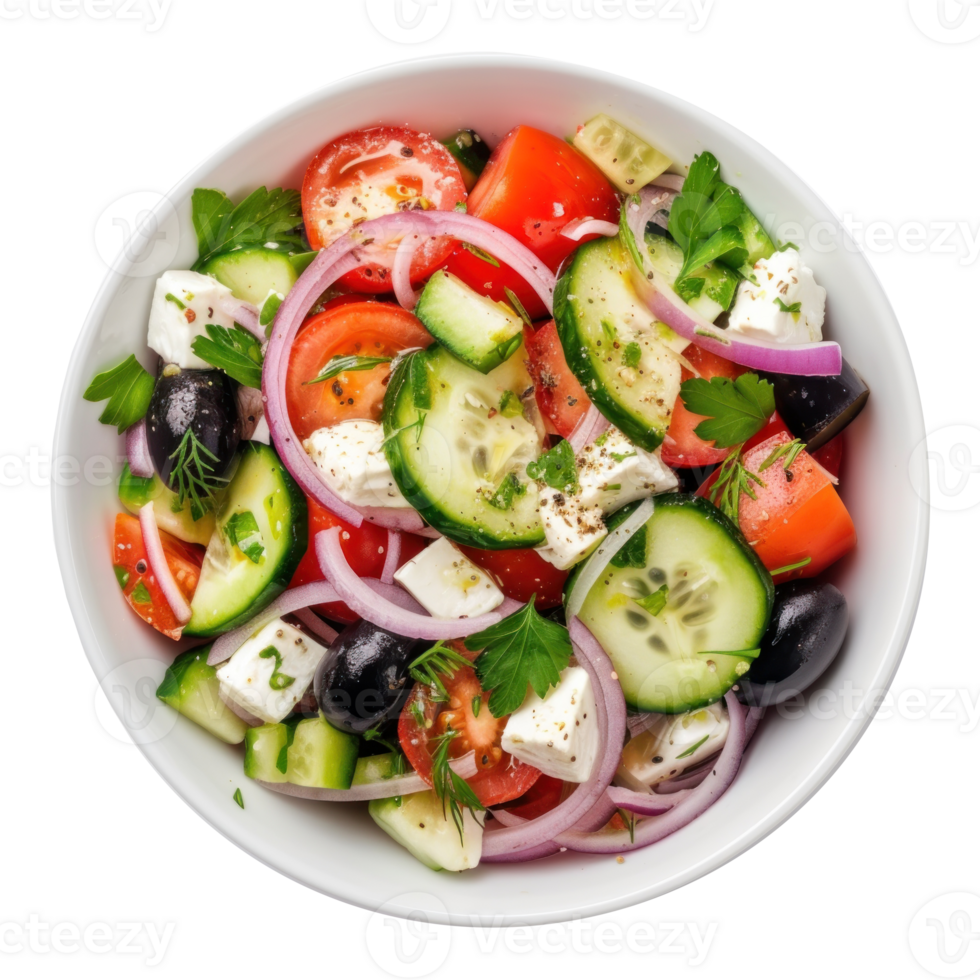 a bowl of greek salad with cucumbers, tomatoes, onions and olives png