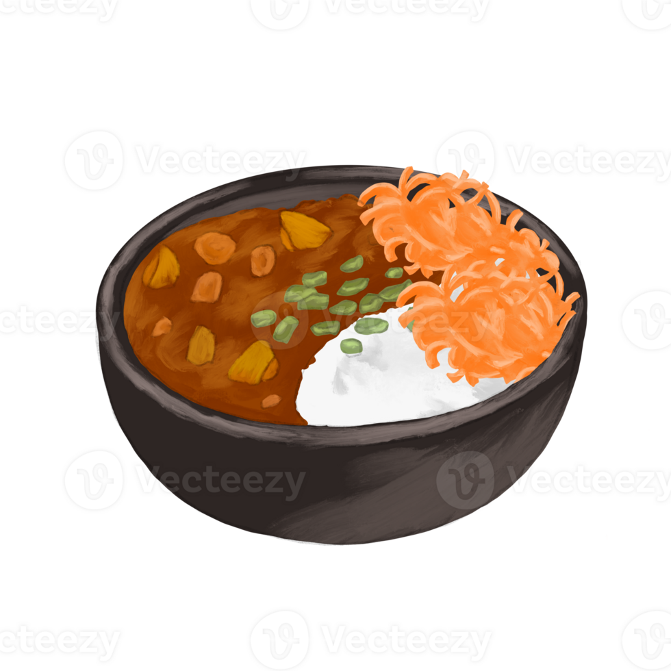 Curry rice bowl with salad painting menu illustration png