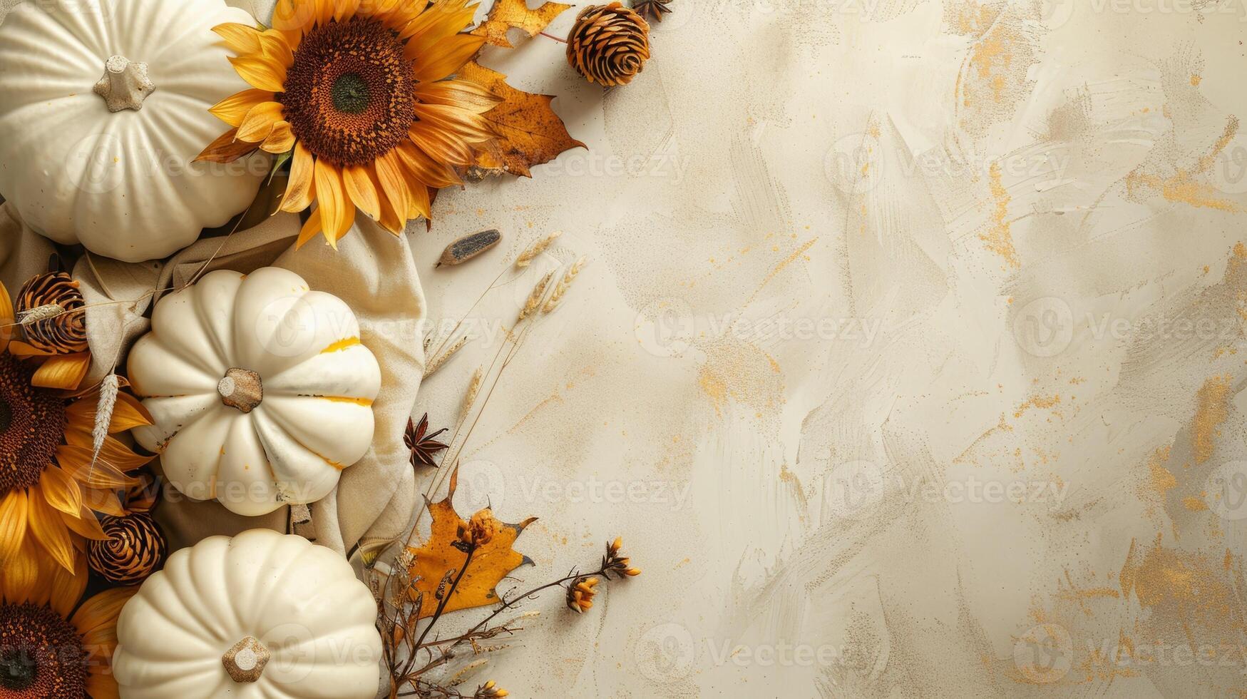 Top view Thanksgiving day with pumpkins, free space on one side, Boho Chic Style Decor photo