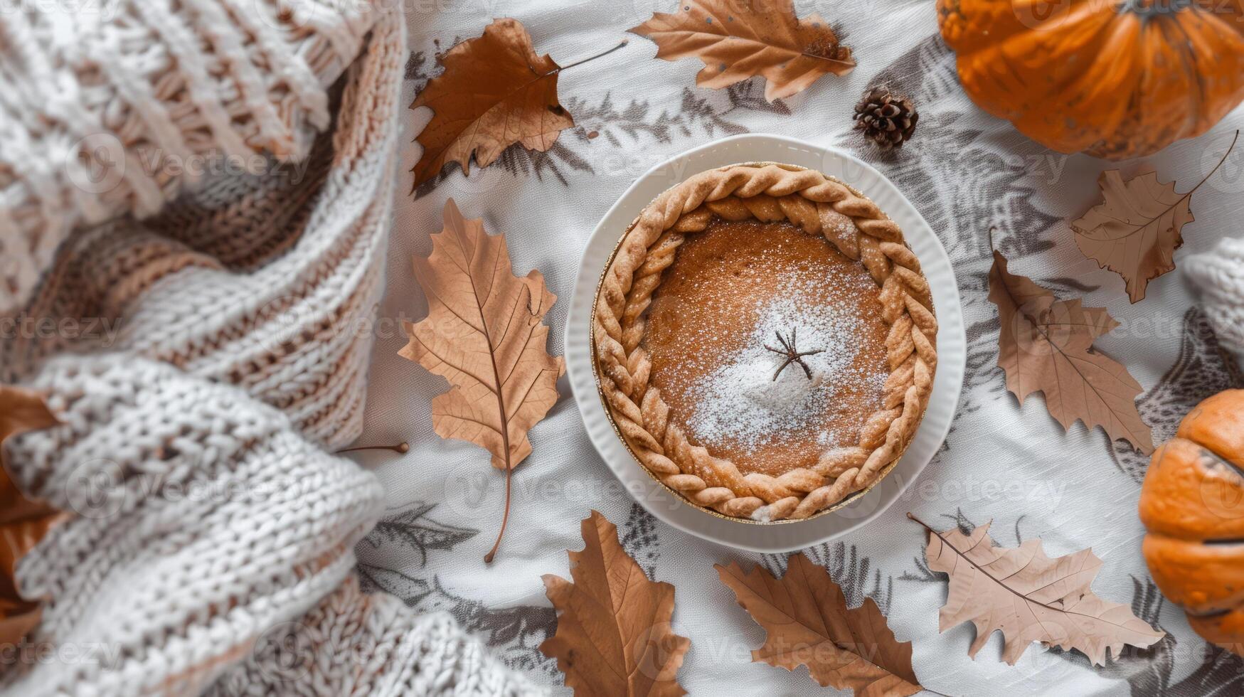 Boho top view Thanksgiving day with brown pumpkin pie and leaves photo