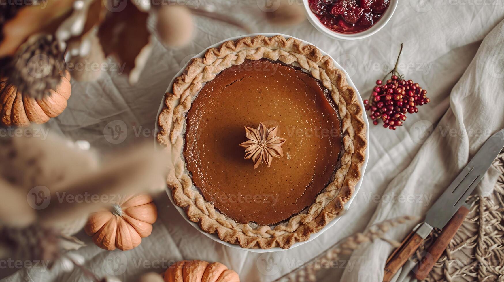 Boho top view Thanksgiving day with brown pumpkin pie and leaves photo