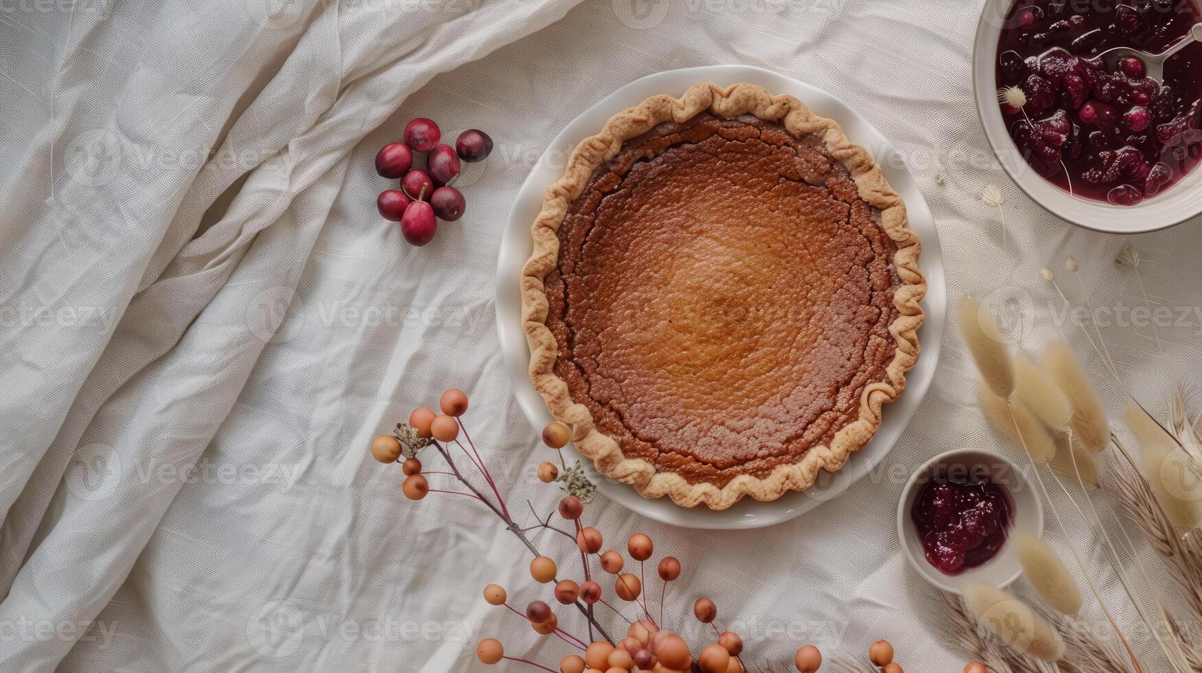 Boho top view Thanksgiving day with brown pumpkin pie and leaves photo
