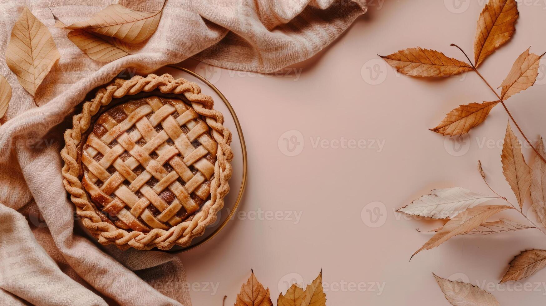 Boho top view Thanksgiving day with brown pumpkin pie and leaves photo