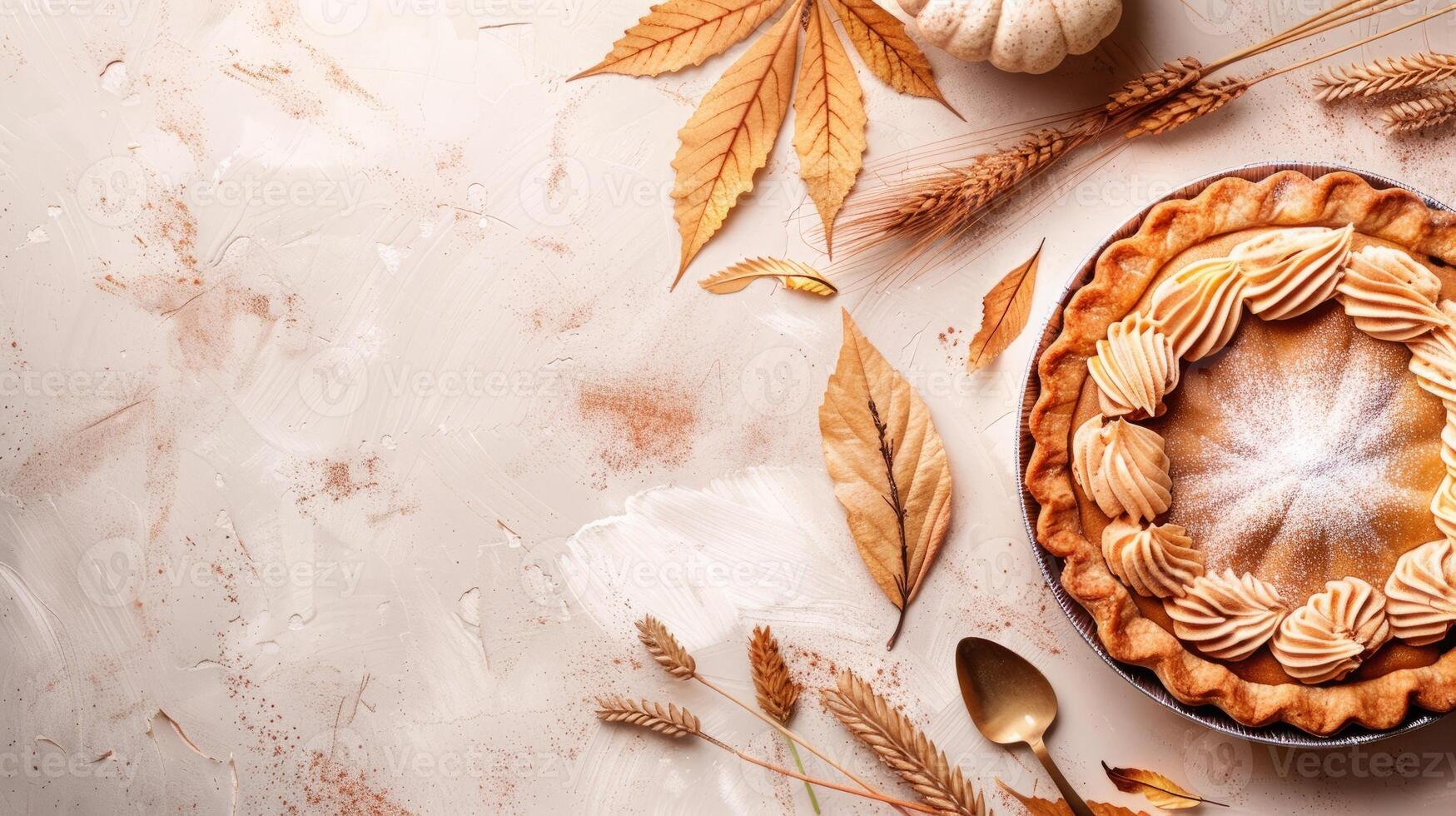 Boho top view Thanksgiving day with brown pumpkin pie and leaves photo