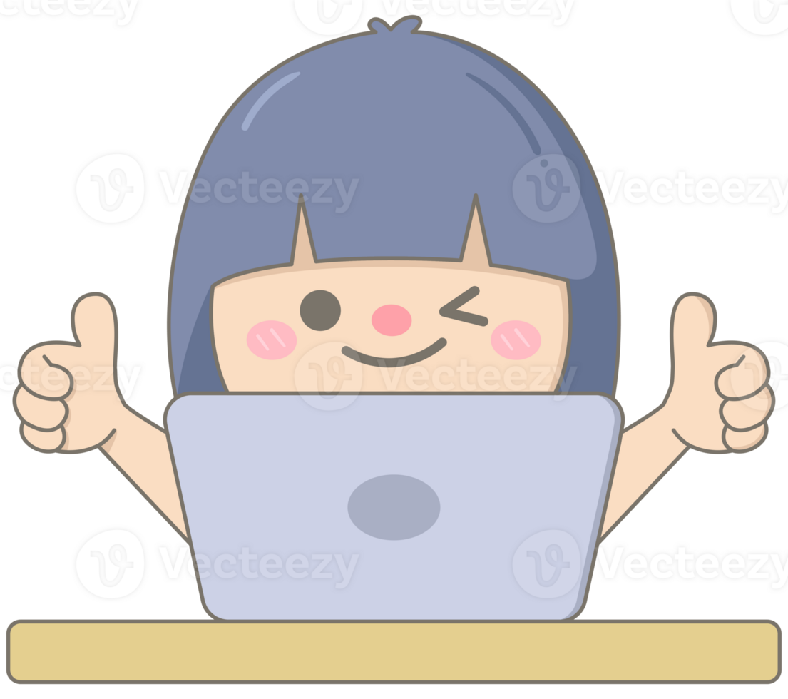 Woman working with laptop and successful Cute cartoon doodle style character png
