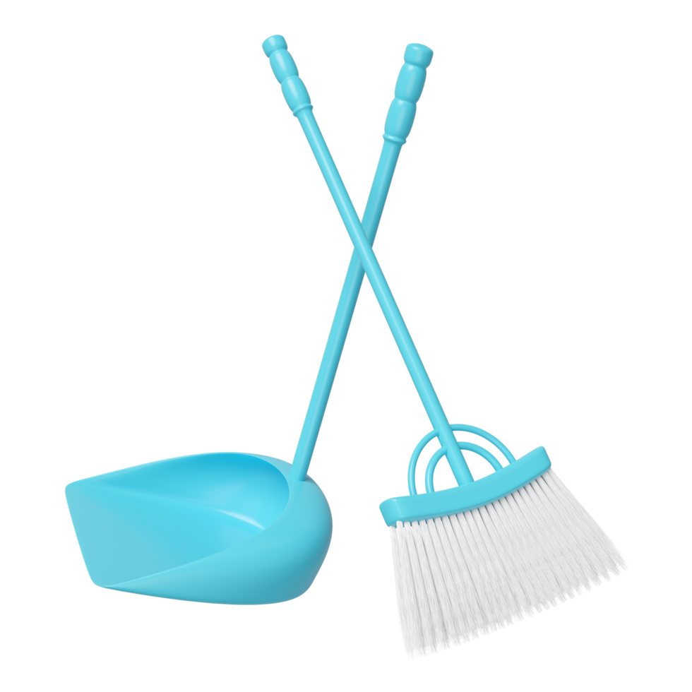 3d cleaning broom and dustpan isolated. cleaning tool equipment, 3d illustration render png