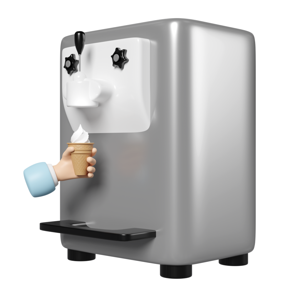 Ice cream cone making machine with hand holding waffle cone isolated. 3d render illustration png