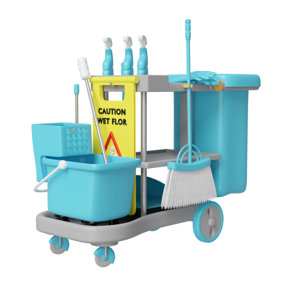 3d cleaning cart with broom, dustpan, mop, plastic bucket, rubber gloves, spray bottle, caution slippery sign isolated. cleaning tool equipment, 3d illustration render png