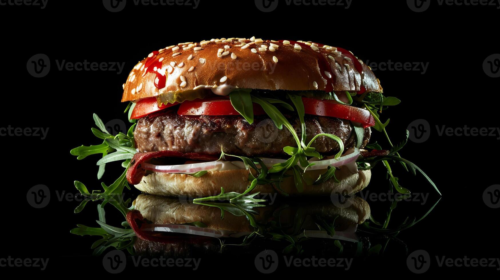 Big hamburger fast food, located on the center, culinary photography photo