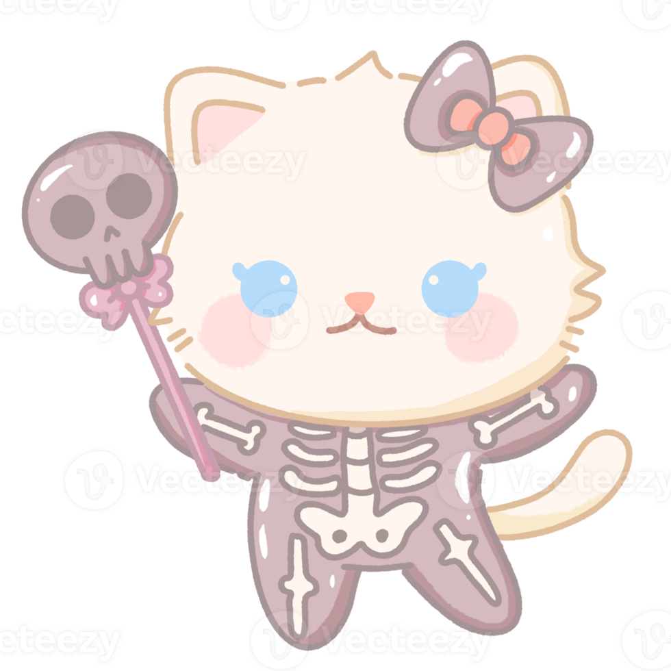 Hand drawn illustration kawaii cute pastel white cat kitten wearing a skeleton suit costume holding a skull wand png