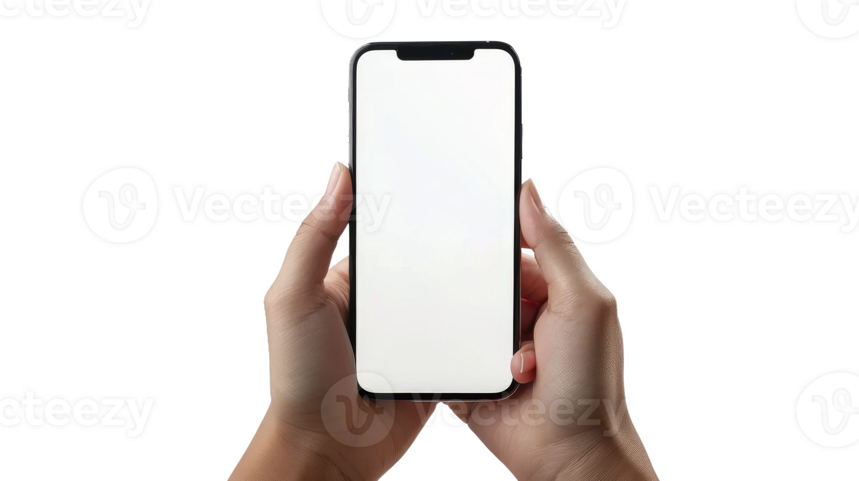 Hands Holding Phone with White Screen on Transparent Background, Format png