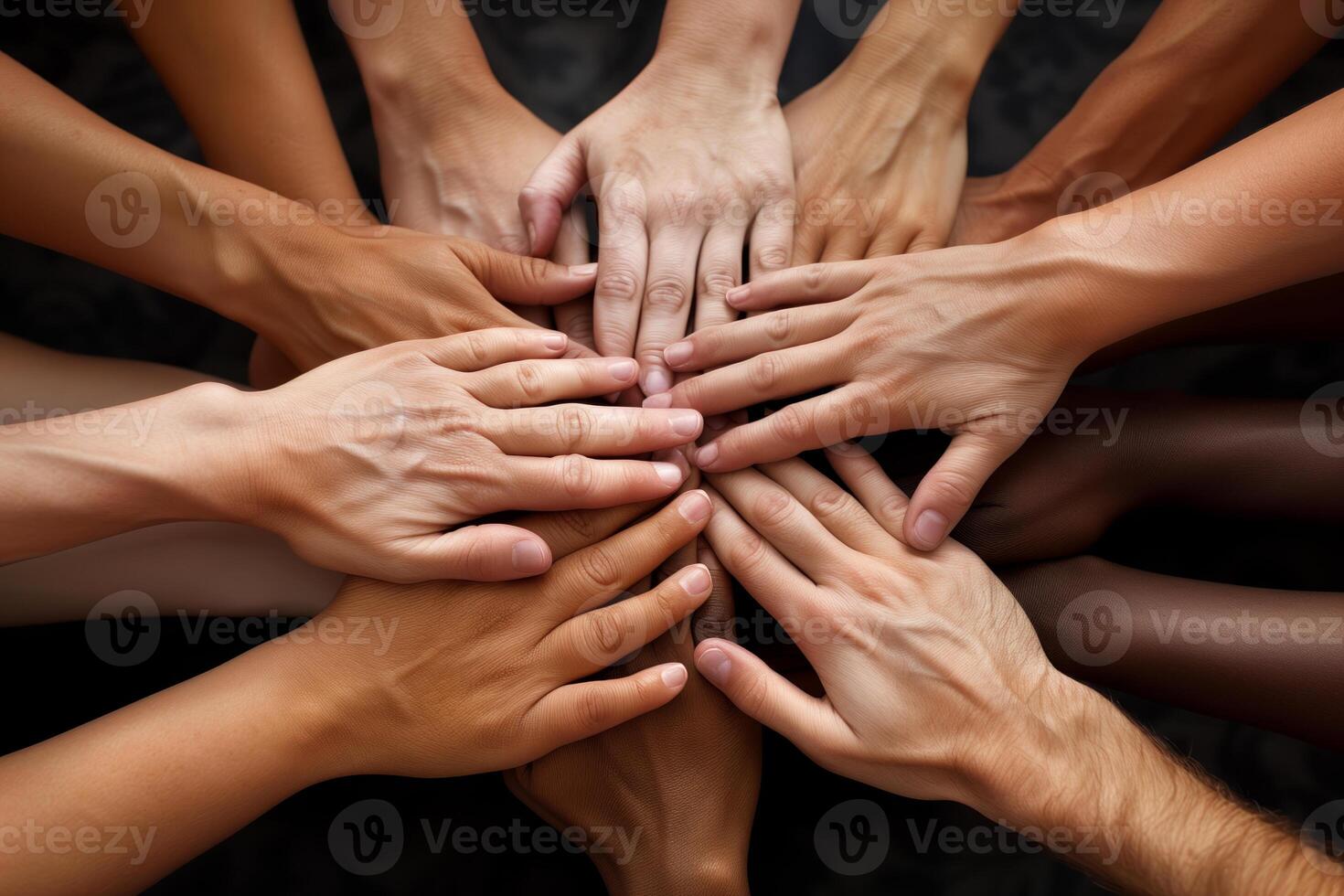 Close-up image captures group of diverse hands, each with unique skin tones, joined together in circle. Hands are stacked on top of one another, symbolizing unity, collaboration, and shared purpose photo