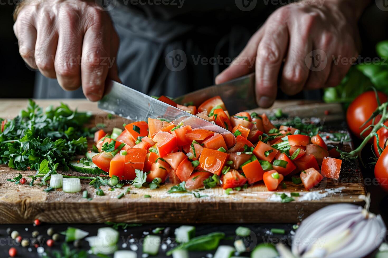 Chef chopping tomatoes and herbs on wooden cutting board photo