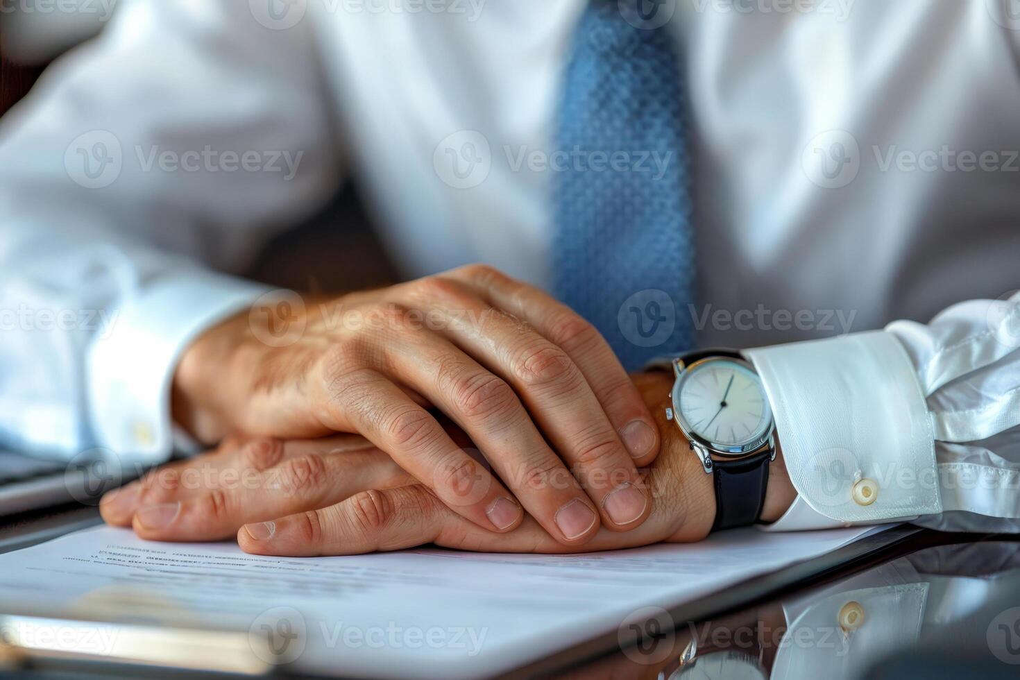 Closeup of mans hands resting on a document in an office setting photo