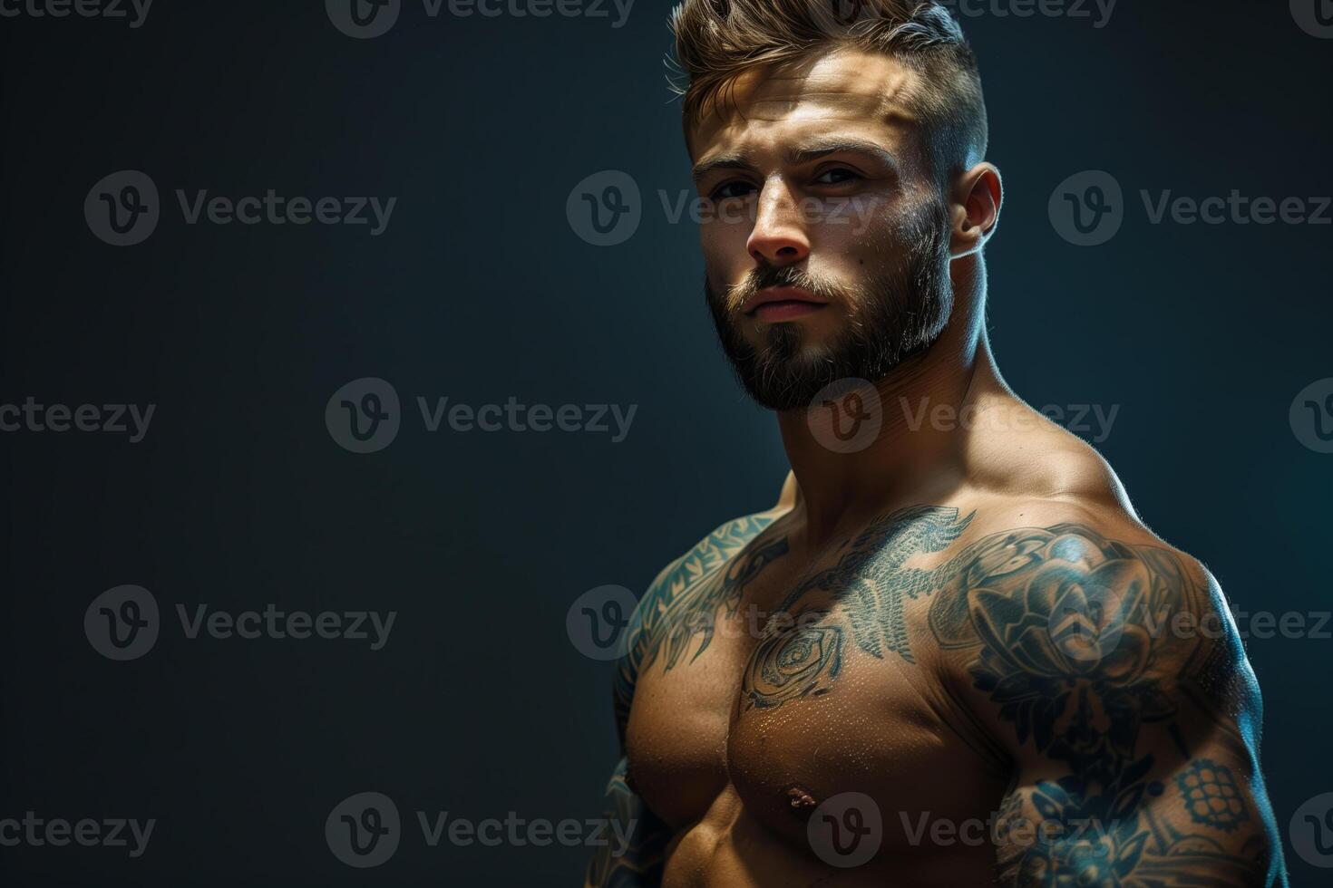 Muscular handsome bodybuilder posing with tattoos against a dark background, copy space photo