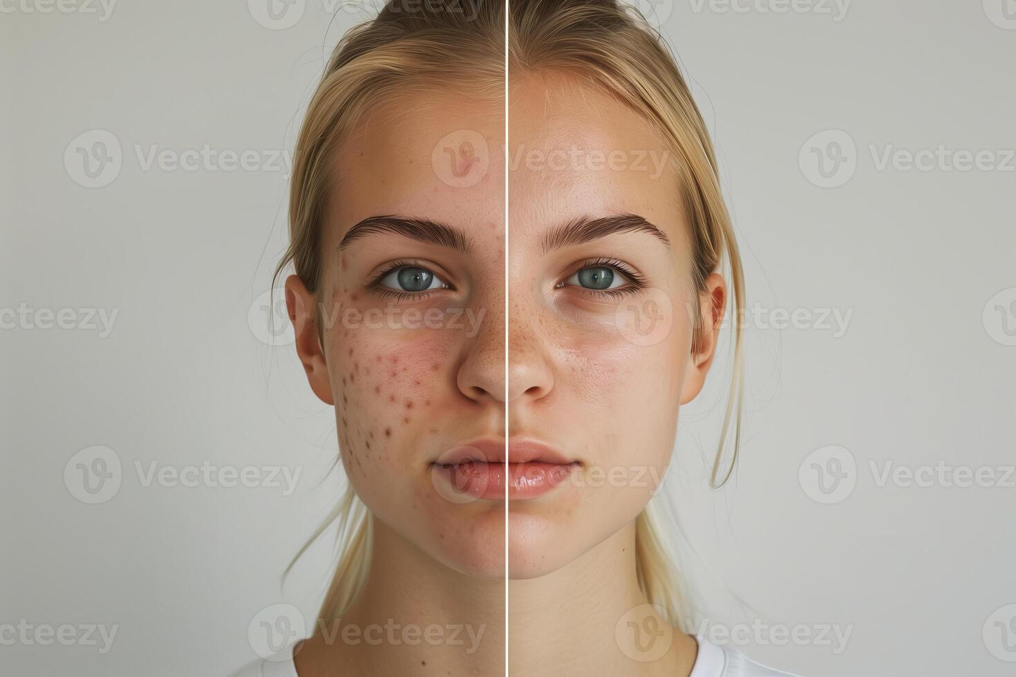 A close-up of a young womans face, divided into two sections. The left side shows her face with visible acne scars, while the right side shows clear, smooth skin photo