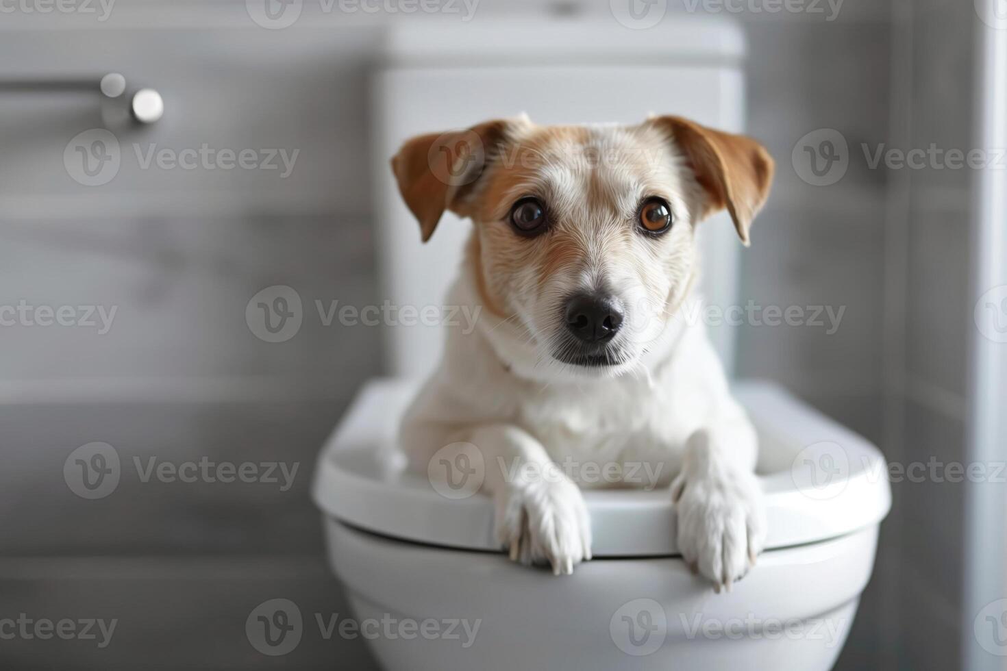 Small dog sitting inside toilet bowl in bathroom photo