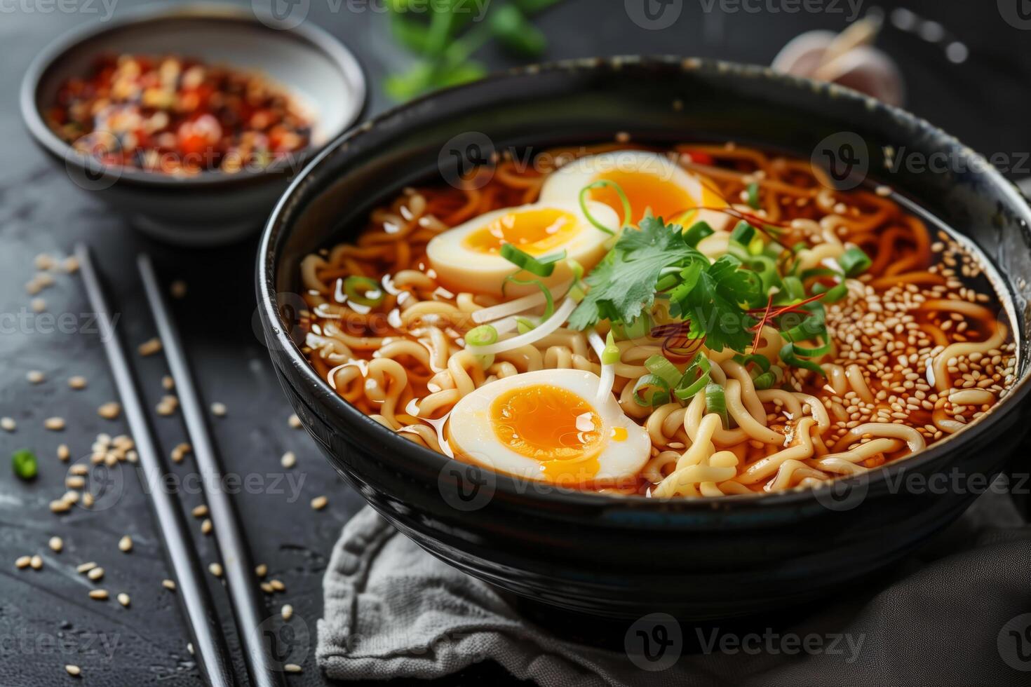 Close up of ramen noodles with eggs and herbs in a black bowl photo