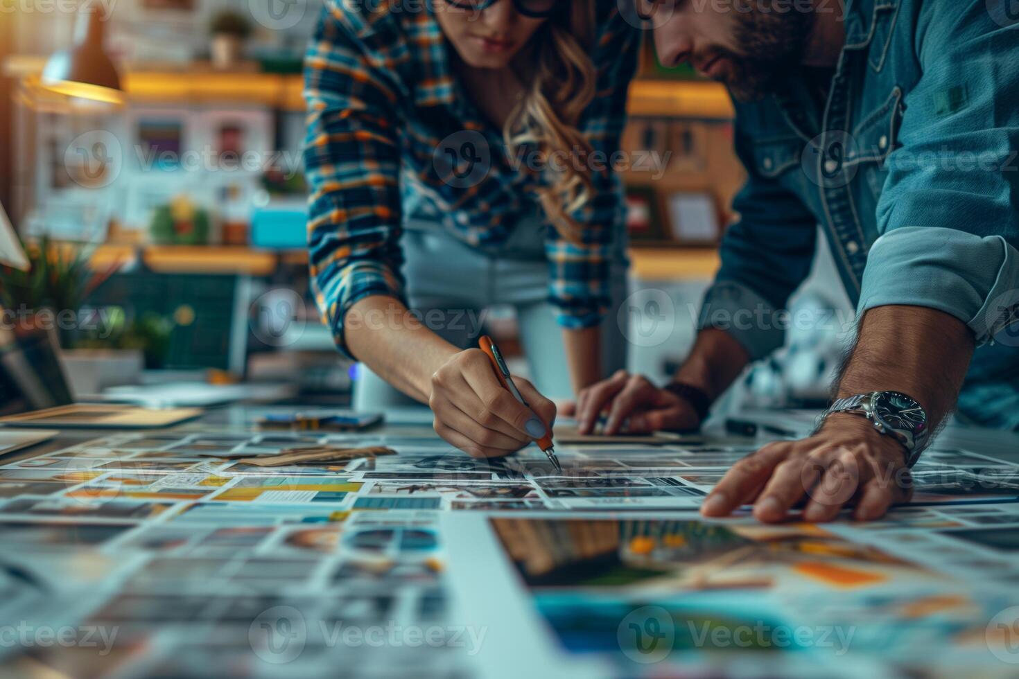 Two colleagues are working together on a creative project in modern office. The woman using pen to point at something on large sheet of paper covered in images, while the man leans over and observes photo