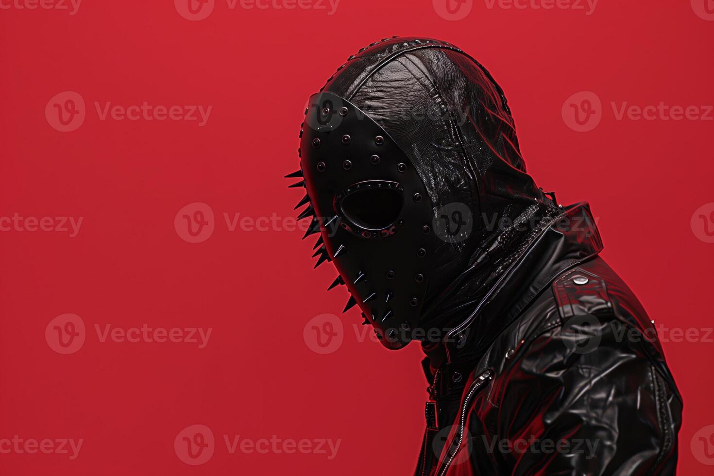 Person wearing black leather mask and jacket against red background photo