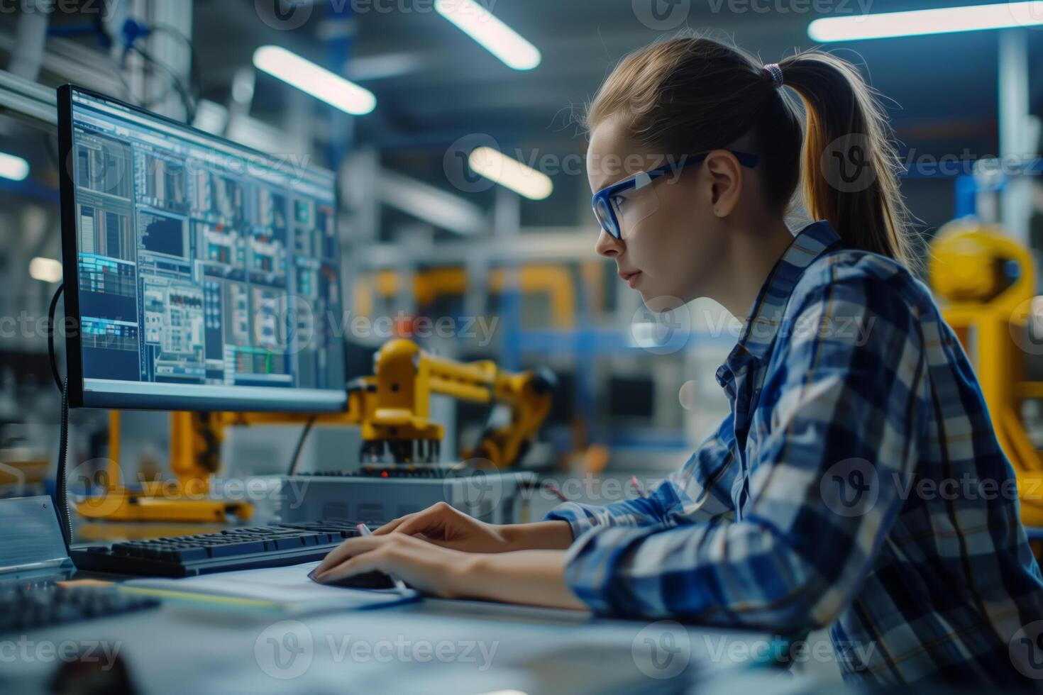 Female engineer working at computer in industrial setting photo