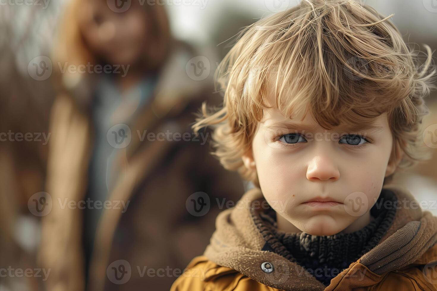 Close up portrait of a young boy wearing a brown jacket in the outdoors photo