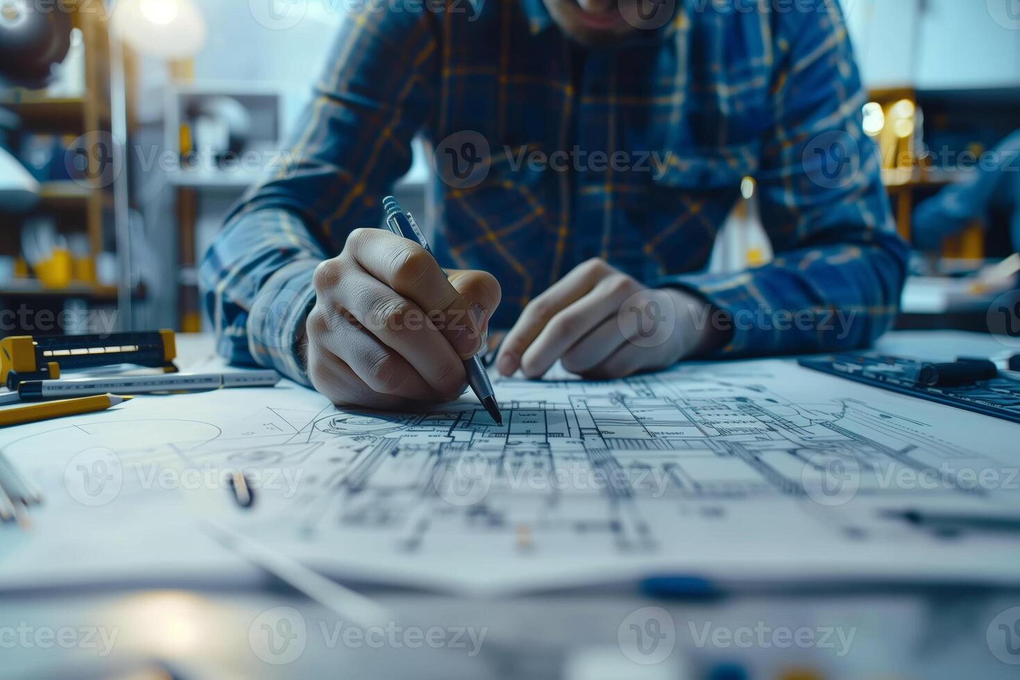 A close-up image of an architects hands carefully drawing on a blueprint with a pen. The architect is seated at a desk, surrounded by tools and other architectural drawings photo