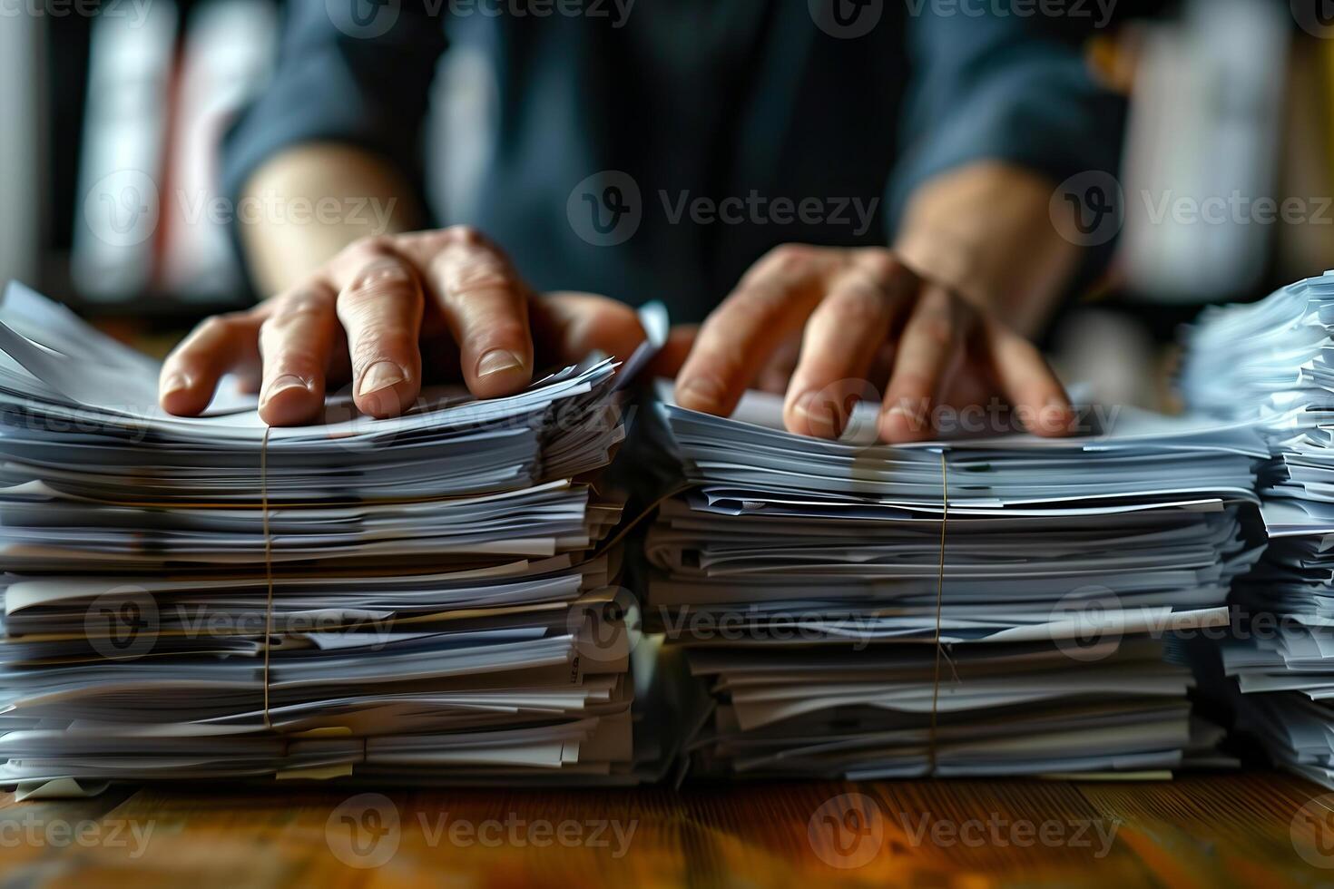 Hands resting on large stacks of papers photo