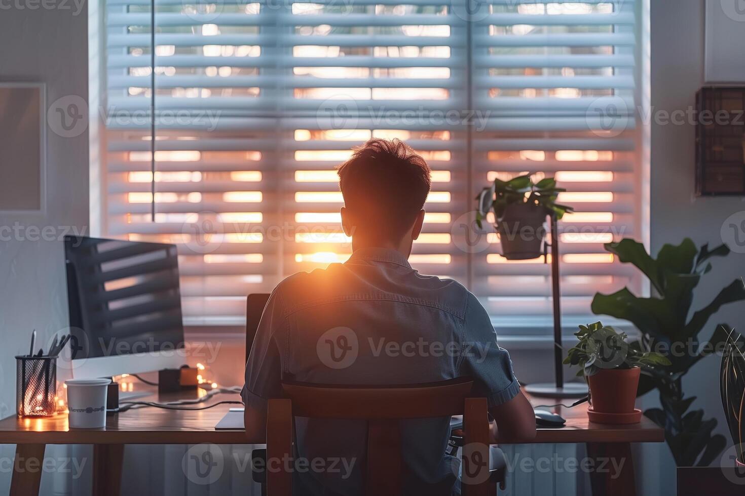 Man working at desk with laptop facing sunset through window blinds photo