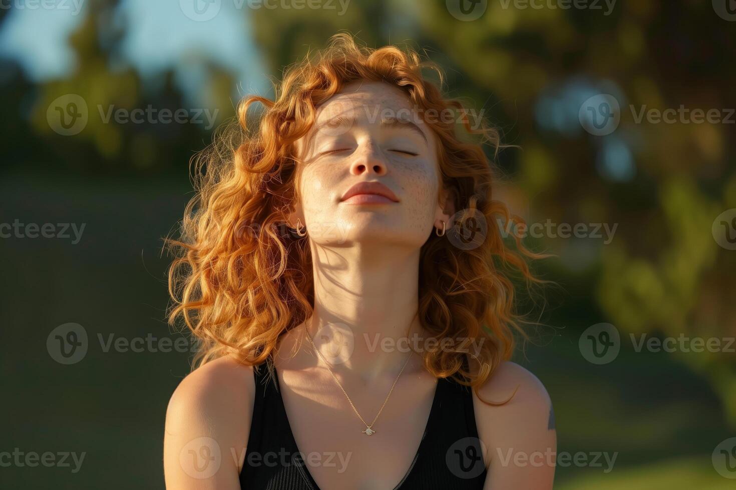 Woman with red hair enjoying the golden hour outdoors photo