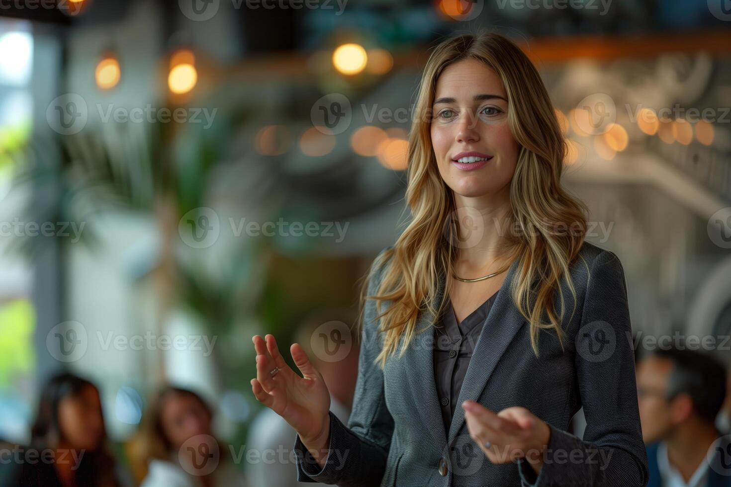 Woman giving a presentation at a business meeting in a modern office photo