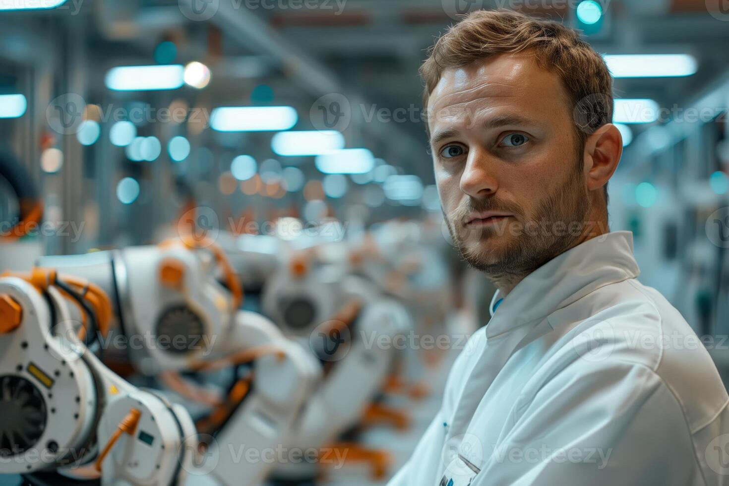Manufacturing engineer standing with robotic arms in a modern plant photo