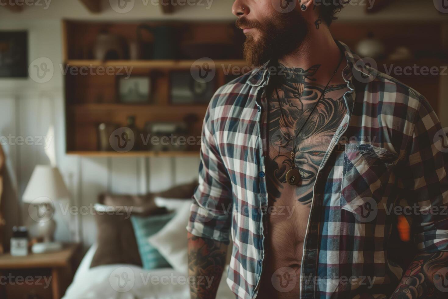Bearded man in plaid shirt standing in a bedroom photo