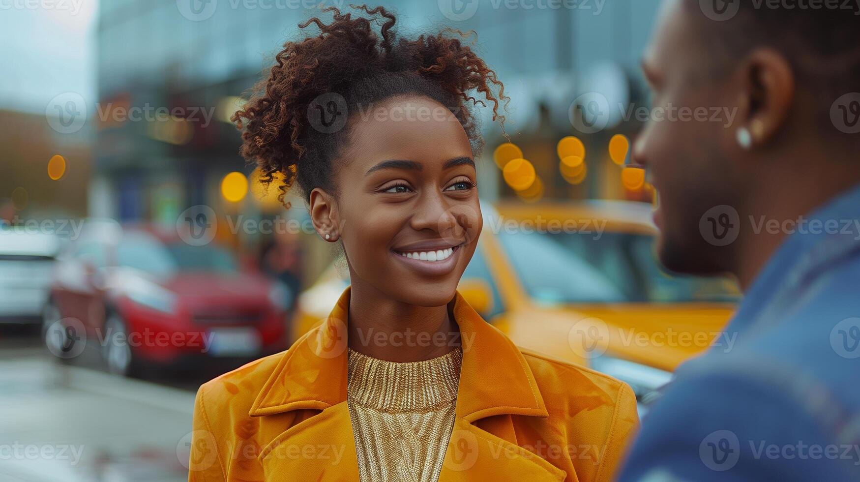 A woman in a yellow coat smiles at a man in a blue shirt, while standing in front of a car dealership. It is likely the pair are in the process of negotiating a car purchase photo