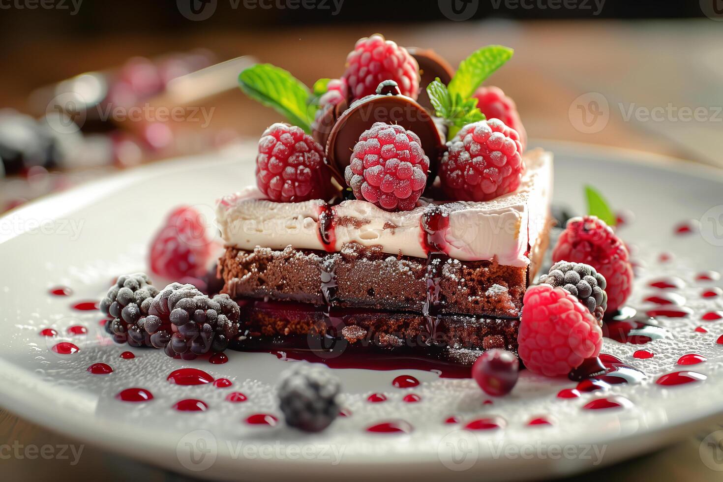 A close-up shot of a delicious chocolate dessert topped with raspberries and whipped cream photo