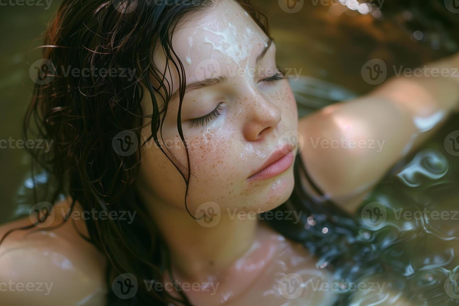 Woman with closed eyes submerged in water with wet hair photo