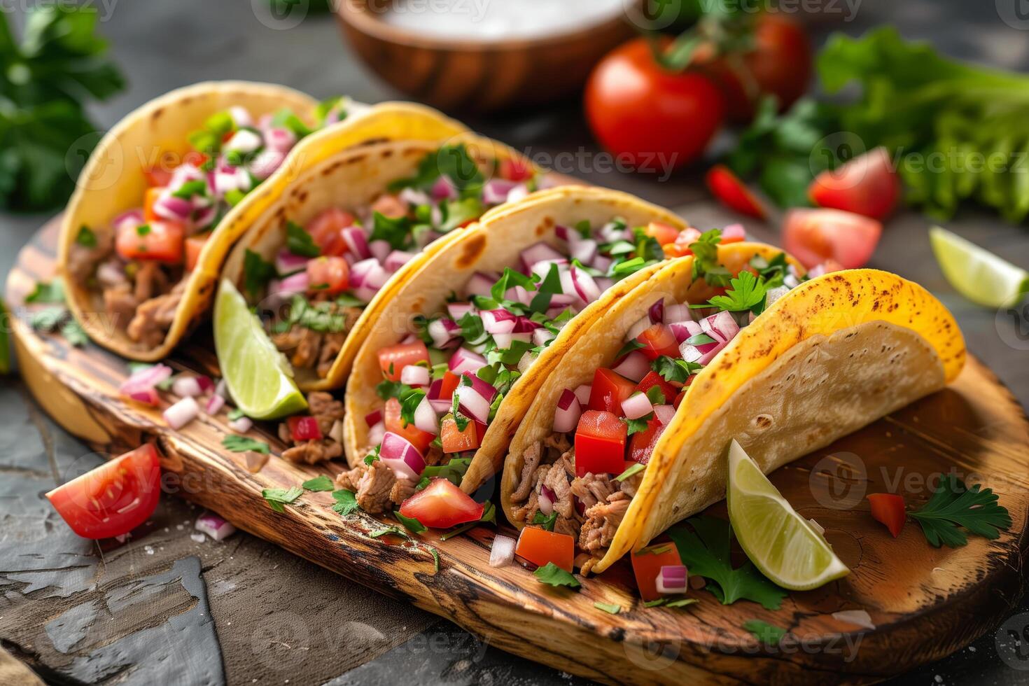 Close up of four soft tacos with toppings on a wooden cutting board photo