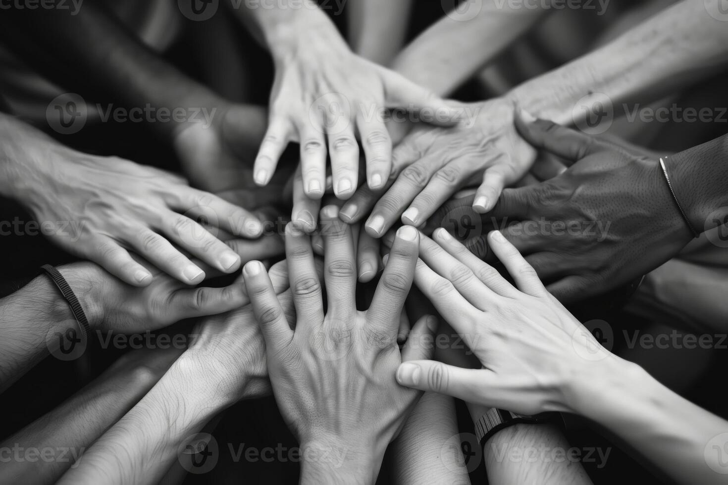 Diverse hands reaching up in unity, monochrome photo