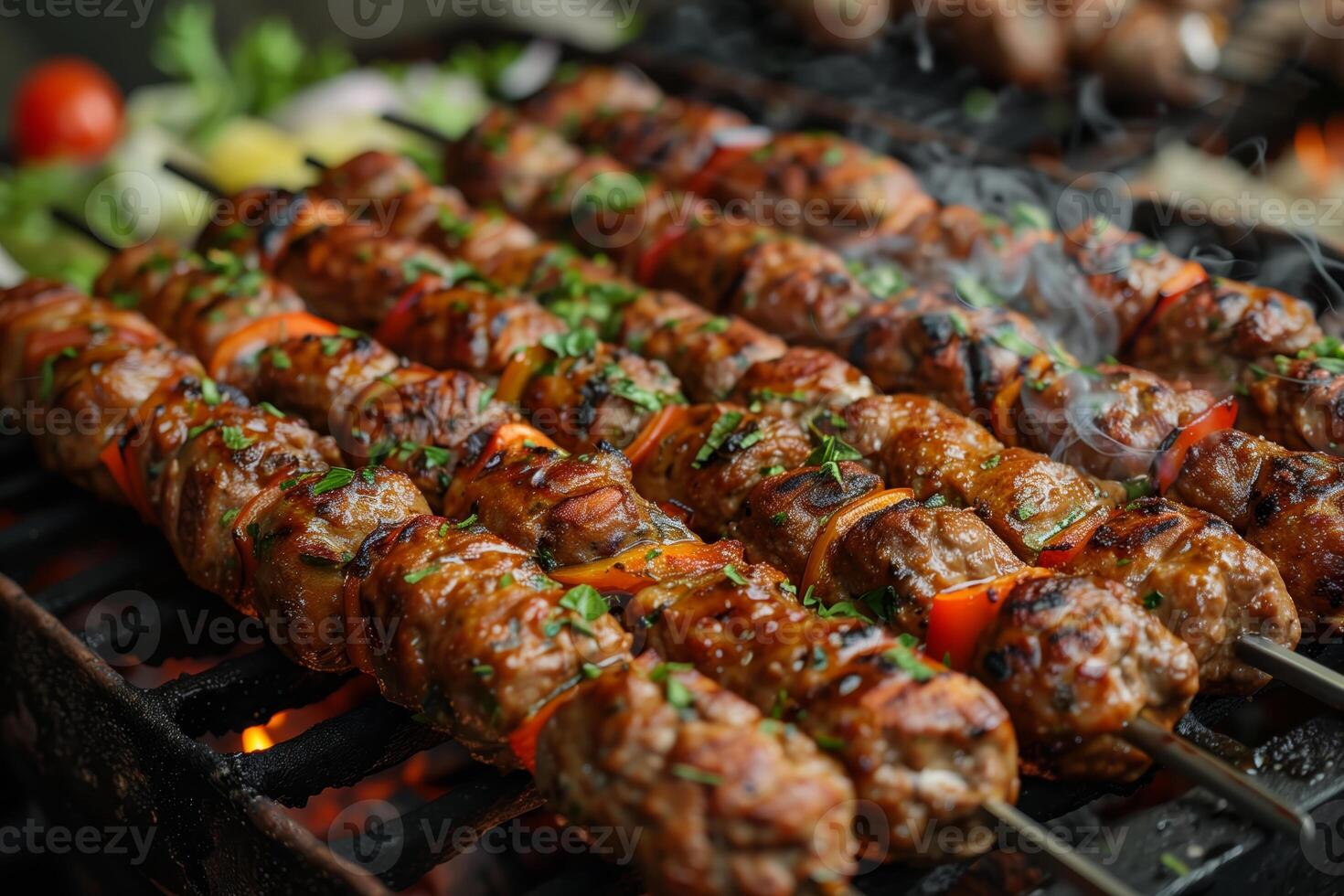 Close up of grilled meat skewers with vegetables and smoke photo